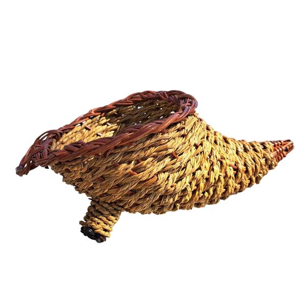 Cornucopia Wicker Basket HORN OF PLENTY TABLE DECOR thanksgiving woven handle - Picture 4 of 5